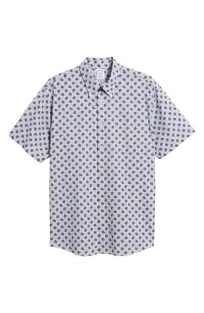 Brooks Brothers Neat Floral Short Sleeve Linen & Cotton Button-down Shirt In Chambray