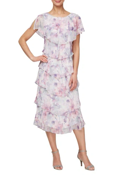 Sl Fashions Floral Metallic Layered Ruffle Dress In Mauve Multi