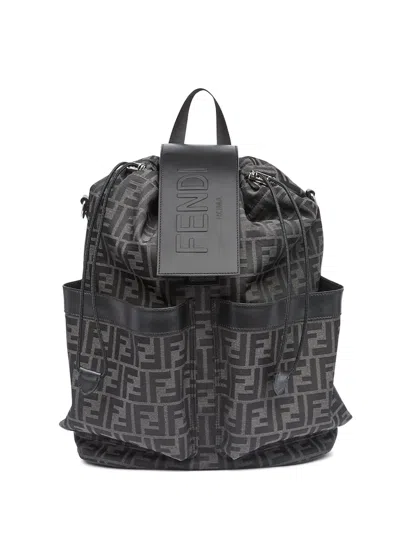 Fendi Medium Backpack In Ff Jacquard Fabric In Asfalto Nero Palladio
