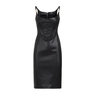 Versace Zip-up Sleeveless Leather Dress In Black