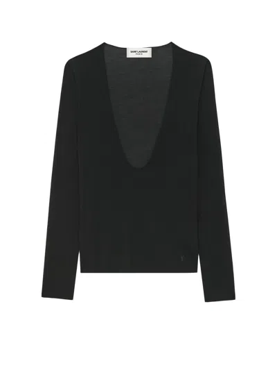 Saint Laurent Cassandre Embroidered U-neck Silk Jumper In Black