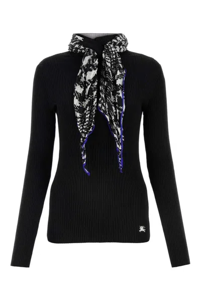 Burberry Ribbed Scarf High Neck Jumper In Black