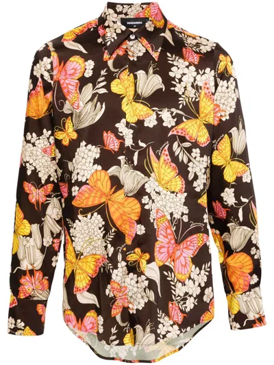 Dsquared2 Butterfly-print Satin Shirt In Multicolour