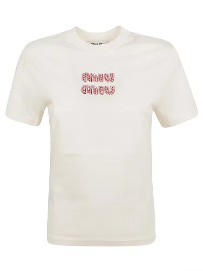 Miu Miu Women T-shirt With Rhinestone Logo In Natural/pink