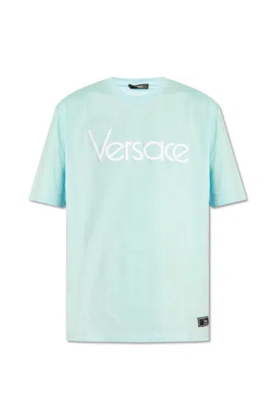 Versace Logo-embroidered Crewneck T-shirt In Pale Blue