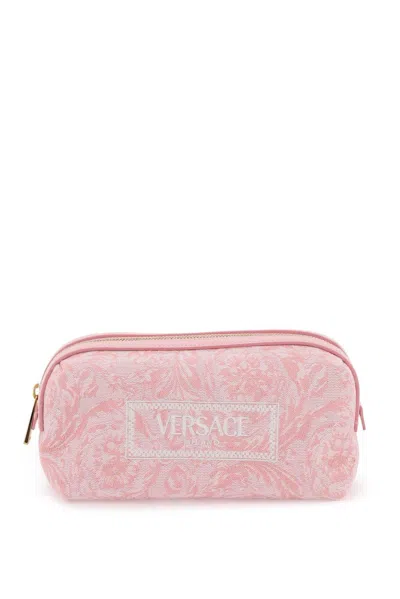 Versace Logo-embroidered Jacquard Zip-up Toiletry Bag In Pale Pink