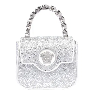Versace Mini La Medusa Logo Strass Crossbody Bag In Silver