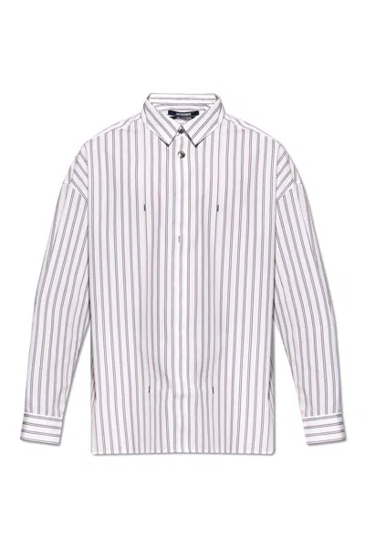 Jacquemus Striped Collared Long-sleeve Shirt In White/neutrals