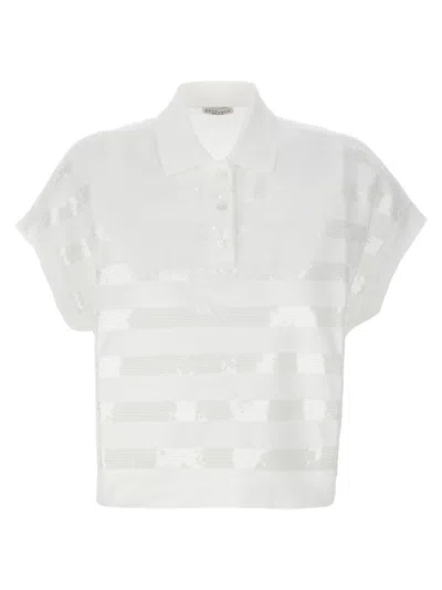 Brunello Cucinelli Sequin Striped Polo Shirt In White