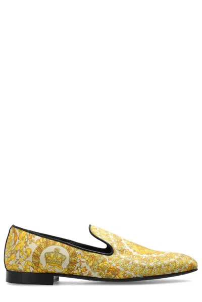 Versace Barocco Printed Slip-on Loafers In Yellow