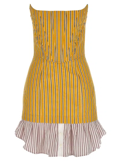 Dsquared2 Striped Cotton Strapless Mini Dress In Yellow/red