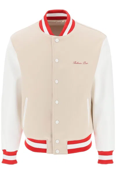 Balmain Bomber Jacket With Logo Embroidery In Ivoire Blanc Casse Rouge (beige)