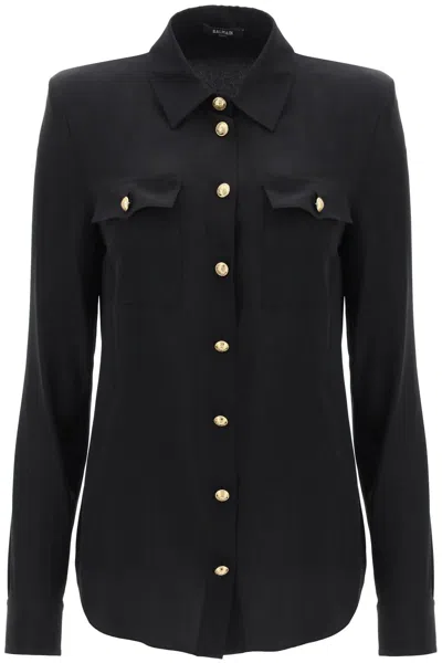 Balmain Silk Shirt With Padded Shoulders In Noir (black)