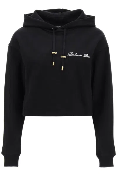 Balmain Cropped Hoodie With Logo Embroidery In Noir Blanc (black)