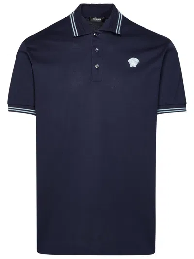 Versace Medusa Blue Cotton Polo Shirt In Navy