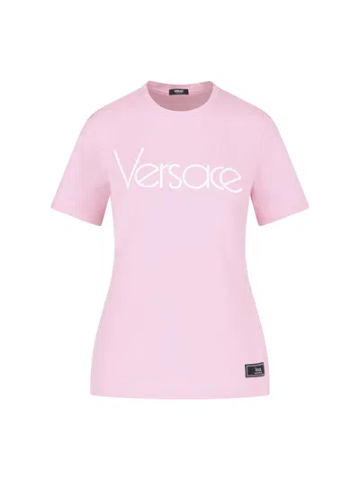 Versace Logo-embroidered Cotton T-shirt In Pink