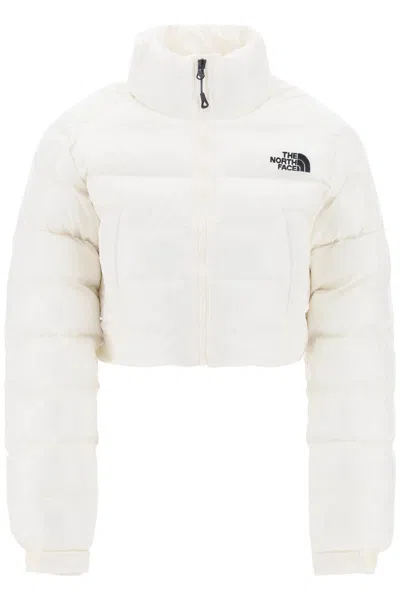 The North Face Women's Cropped Puffer Jacket In Semi-shiny White Ripstop With Adjustable Features
