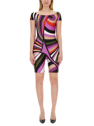 Pucci Printed Shiny Lycra Jumpsuit In Khaki,fuxia