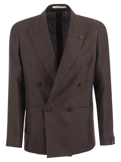 Tagliatore Double-breasted Jacket In Wool And Linen In Brown