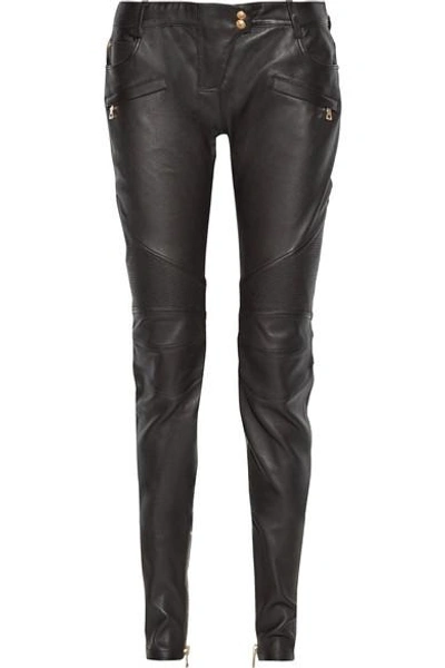 Balmain Ribbed Leather Skinny Pants In Black
