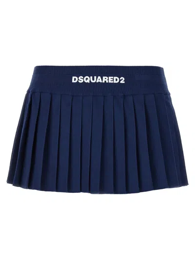 Dsquared2 Viscose Knit Logo Pleated Mini Skirt In Blue