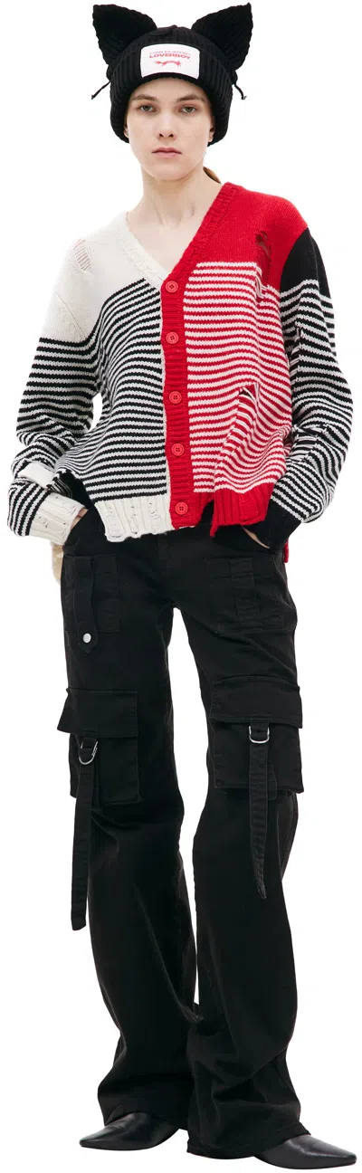 Charles Jeffrey Loverboy Mega Shred Striped Cardigan In Black/ecru/red