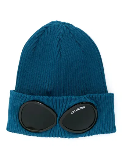 C.p. Company Goggles-detail Ribbed Beanie In Ink Blue