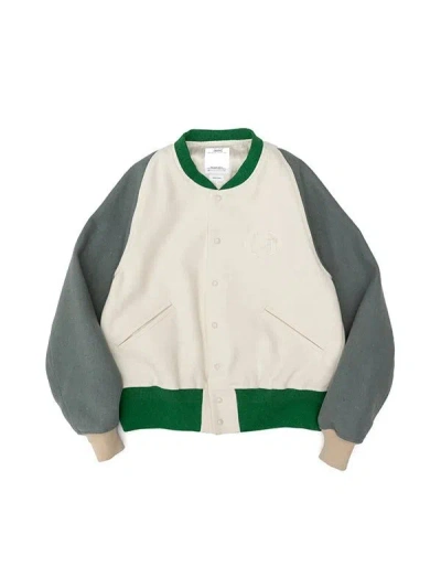 Visvim Colour-block Logo-appliquéd Wool And Linen-blend Varsity Jacket In Green