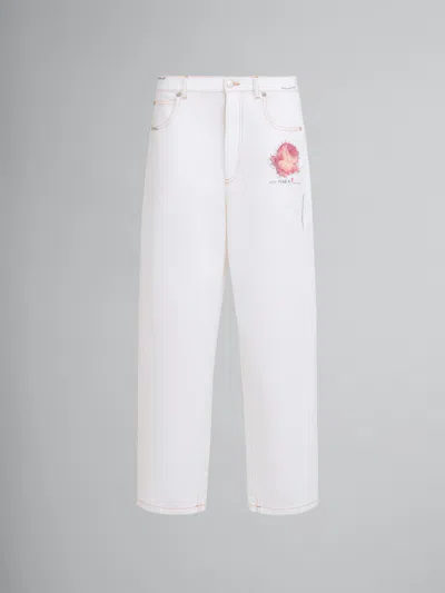 Marni Denim Pants With Flowers Patches In 00w01 White