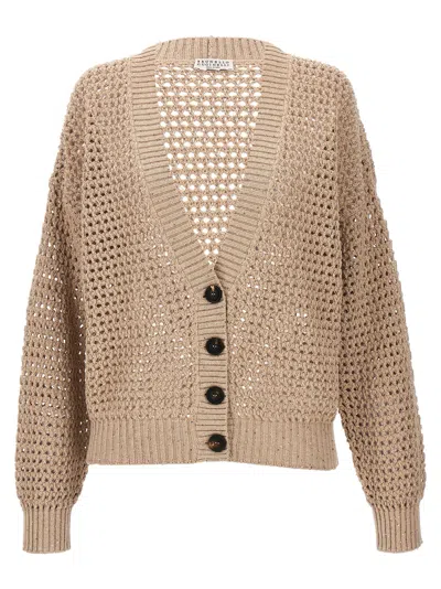 Brunello Cucinelli Sequin-embellished Open-knit Cotton-blend Cardigan In Beis