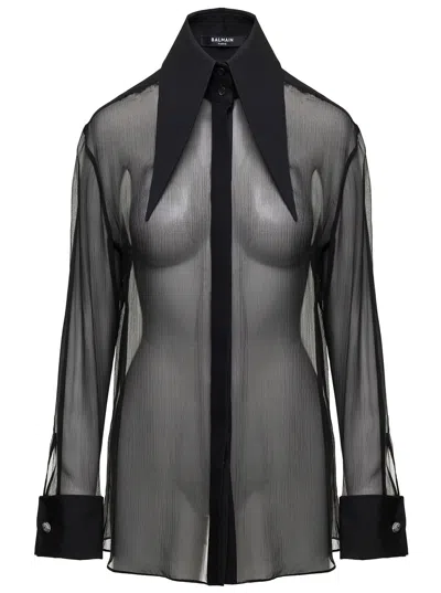 Balmain Sheer Silk Chiffon Collared Shirt In Black