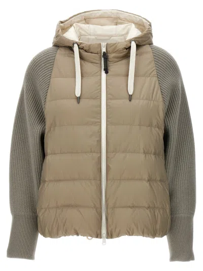 Brunello Cucinelli Hooded Down Jacket With Solomeo Inserts In Grey
