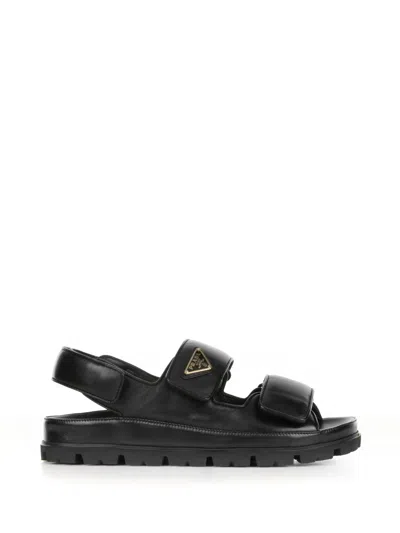 Prada Leather Sandal With Logo Plaque In Nero