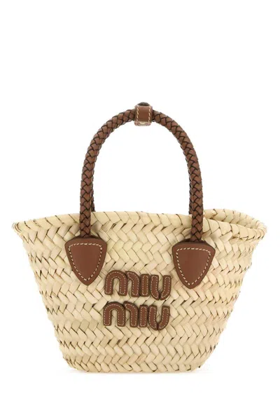 Miu Miu Logo Detailed Shopping Bag In Natural