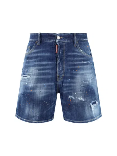 Dsquared2 Loose Shorts In Used Denim In Navy Blue