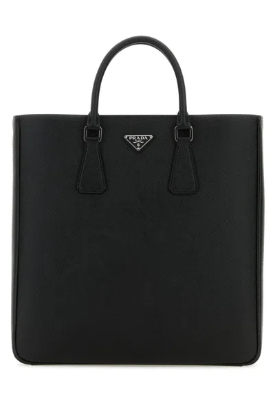 Prada Man Black Leather Shopping Bag In Nero