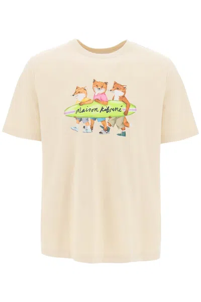 Maison Kitsuné Surfing Foxes Comfort Cotton T-shirt In Beige