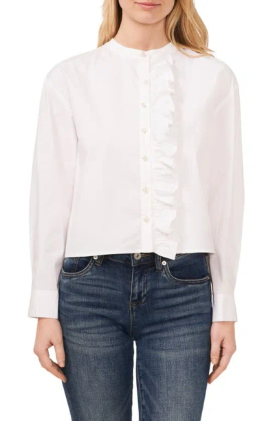 Cece Imitation Pearl Detail Stretch Cotton Poplin Button-up Shirt In Ultra White