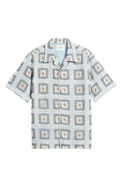 Nn07 Julio Crochet Cotton Short Sleeve Button-up Camp Shirt In Blue