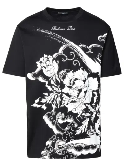 Balmain Black Cotton T-shirt In Noir/blanc