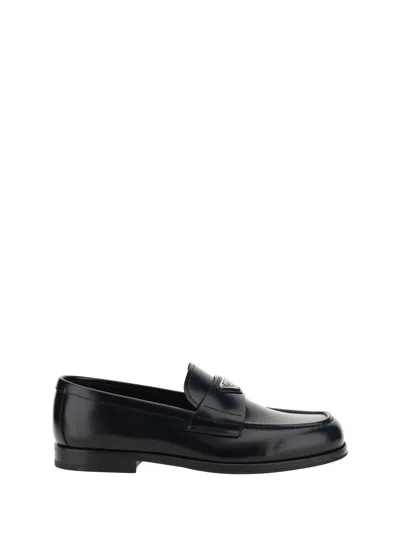 Prada Unlined Brushed Leather Loafers In Nero