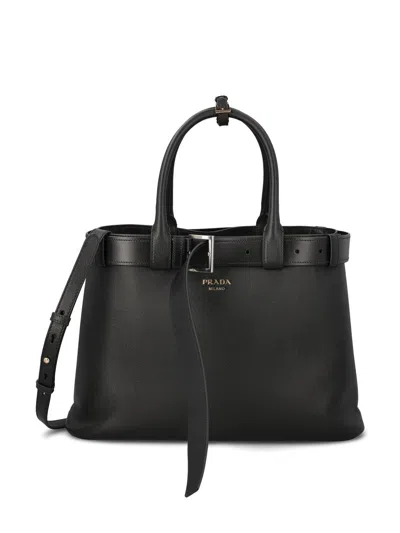 Prada Large Belted Leather Handbag In Nero