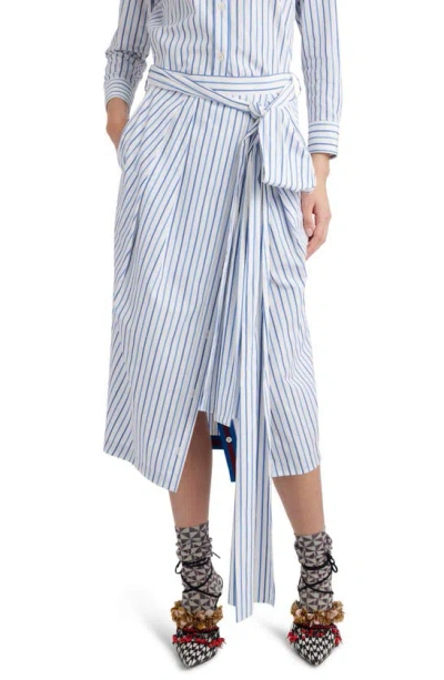 Dries Van Noten White Striped Blue Cotton Midi Skirt Women