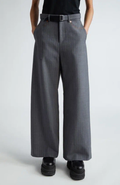 Sacai Pinstripe Belted Trousers In Grey