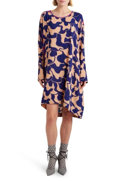 Dries Van Noten Mixed Abstract Print Asymmetric Long Sleeve Shift Dress In Purple 401