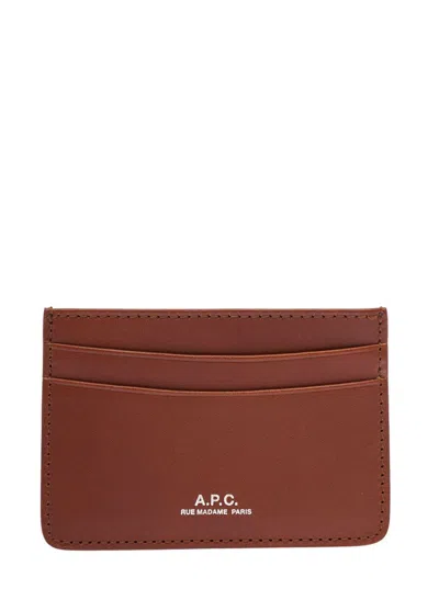 Apc Brown Card-holder With Logo Print In Leather Man