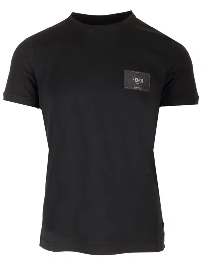Fendi T-shirt With Leather Logo Patch In Black