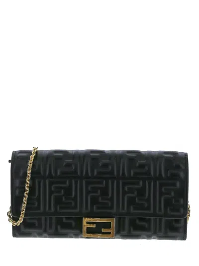 Fendi Baguette Continental Wallet With Chain In Black