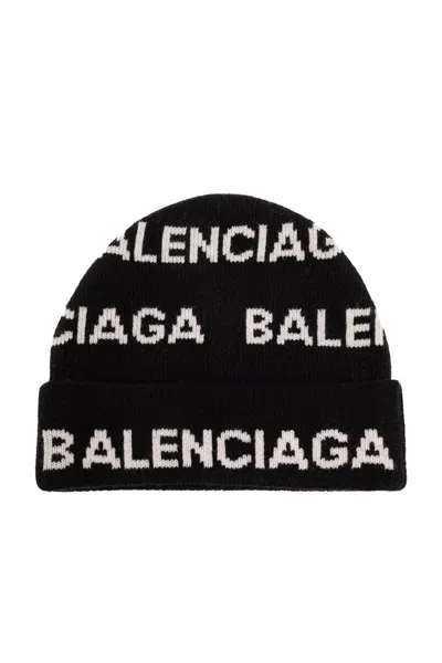 Balenciaga Logo Intarsia Beanie In Black
