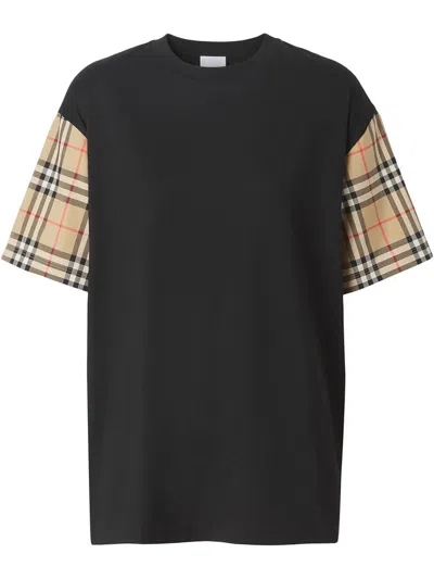 Burberry Check Motif Cotton T-shirt In Black